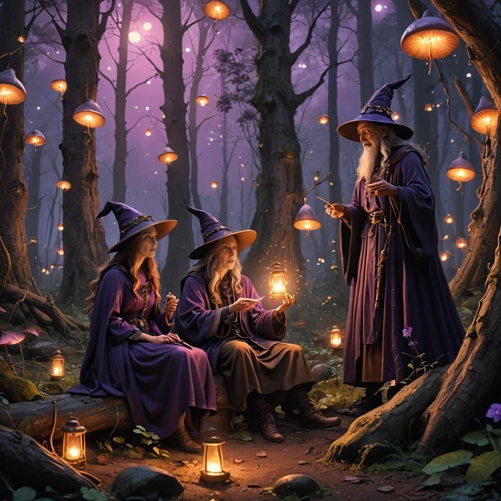 Witches and Wizards in Fantastical Forest Painting
