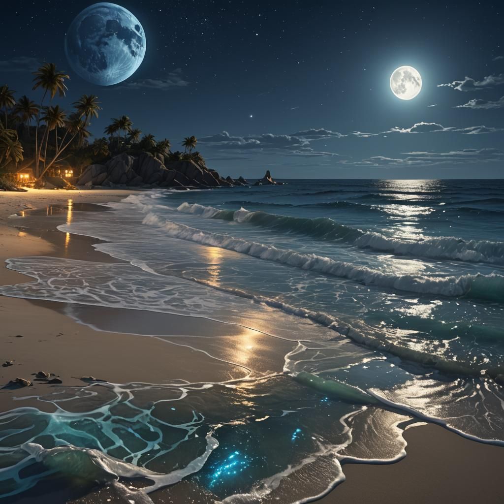 Bioluminescent Beach at Night: Splash Art