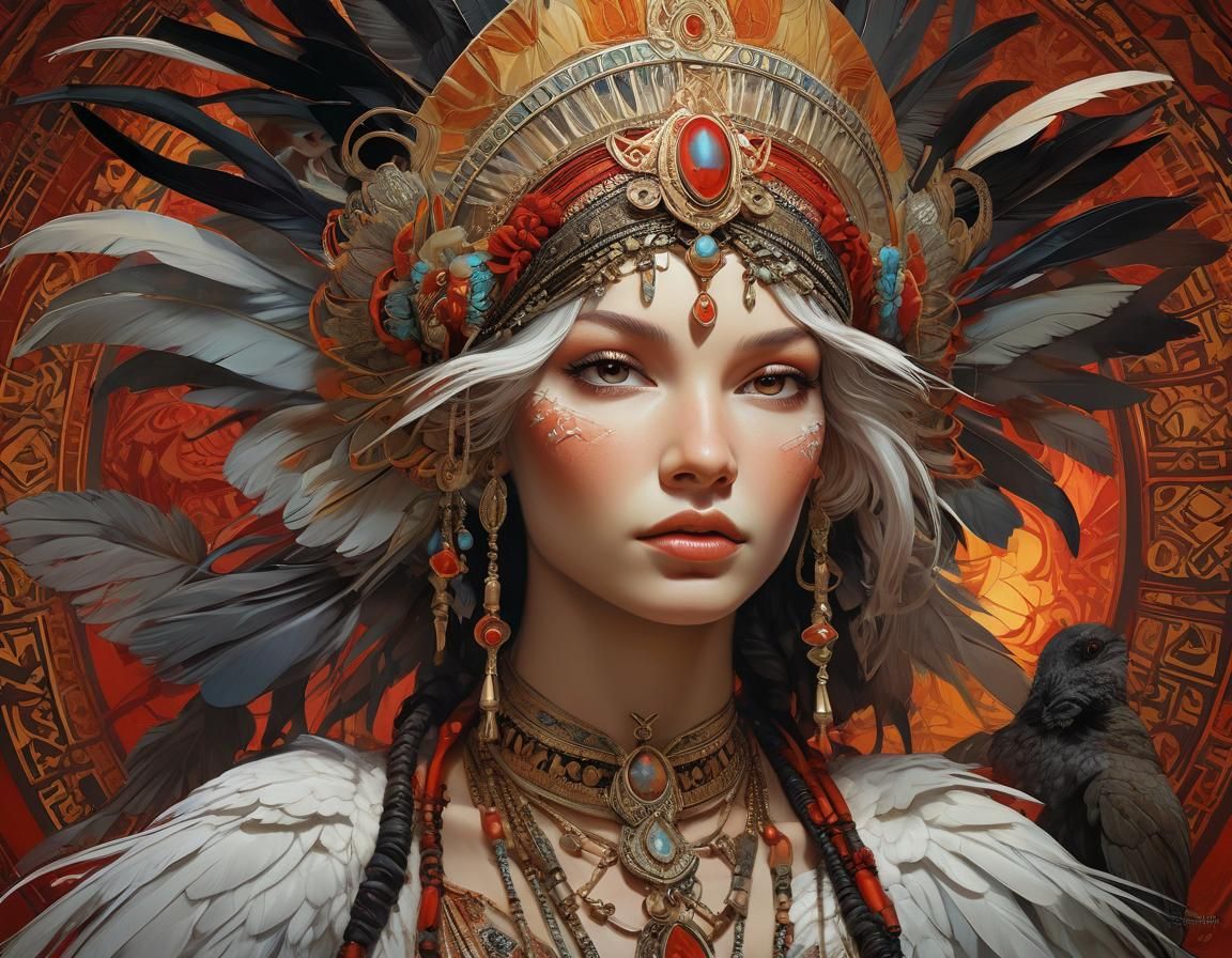 Woman with Ibis Portrait in Triadic Color Scheme