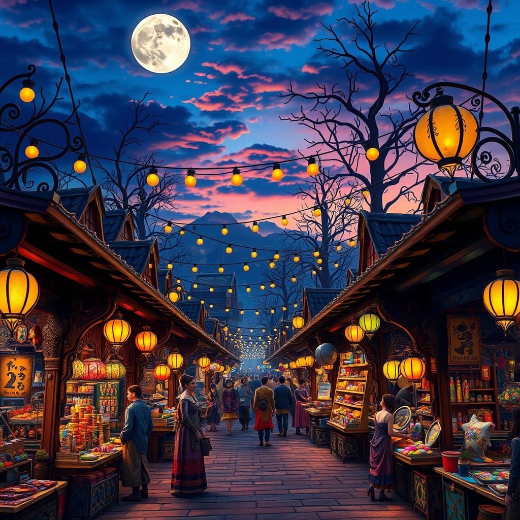 Whimsical Flea Market at Dusk with Golden Accents and Colorf...