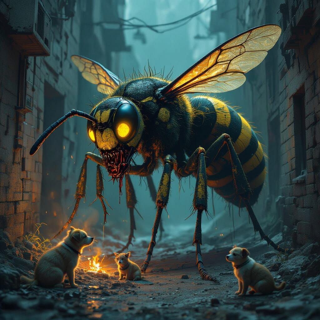 Radioactive Wasp Devouring Pets in Dystopian Alleyway