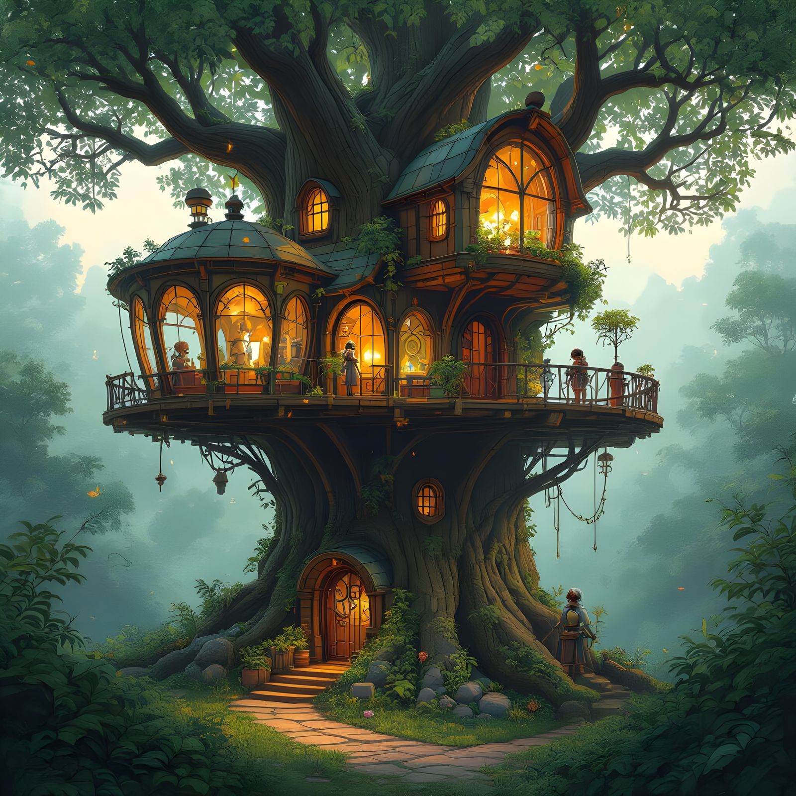 Steampunk Treehouse in Bioluminescent Grove, Jules Verne Sty...