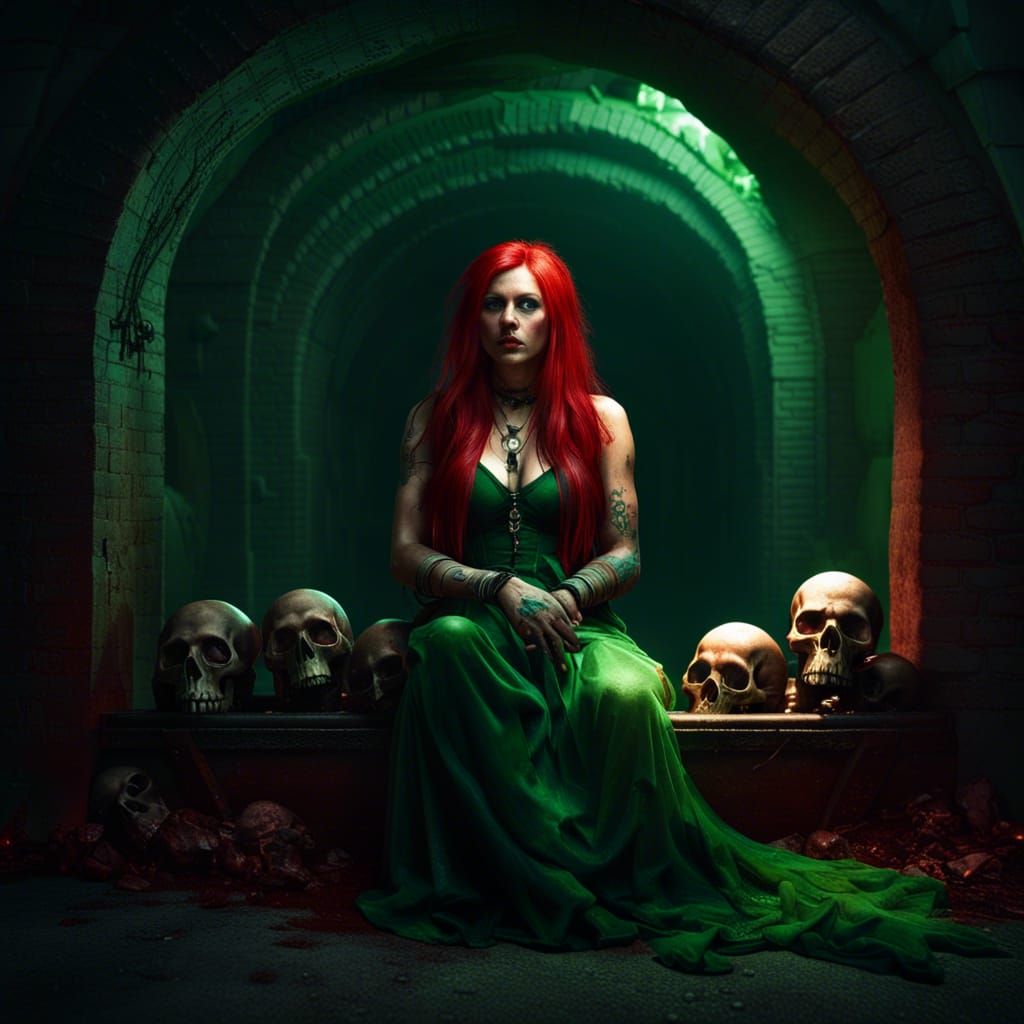 Steampunk Goddess in Tunnel of Skulls