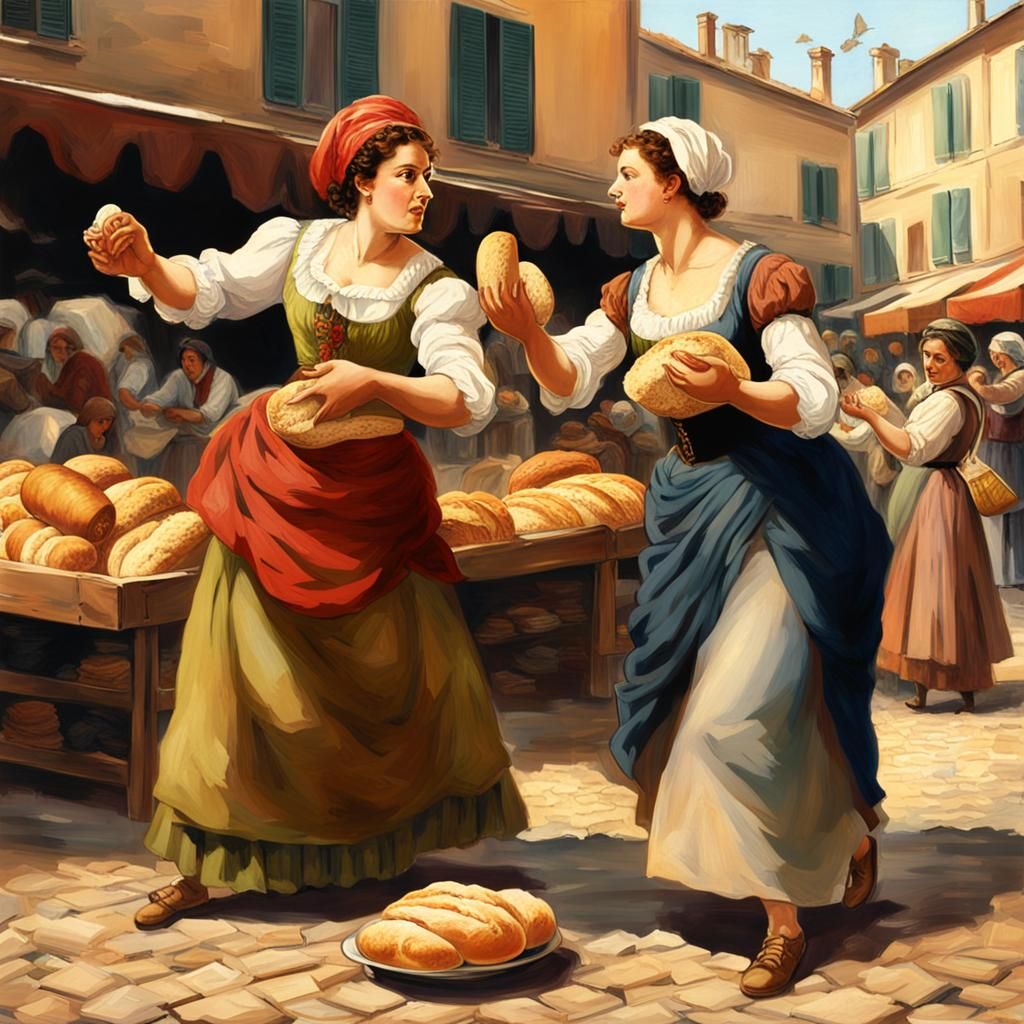 Women Fight Over Bread in Italian Market