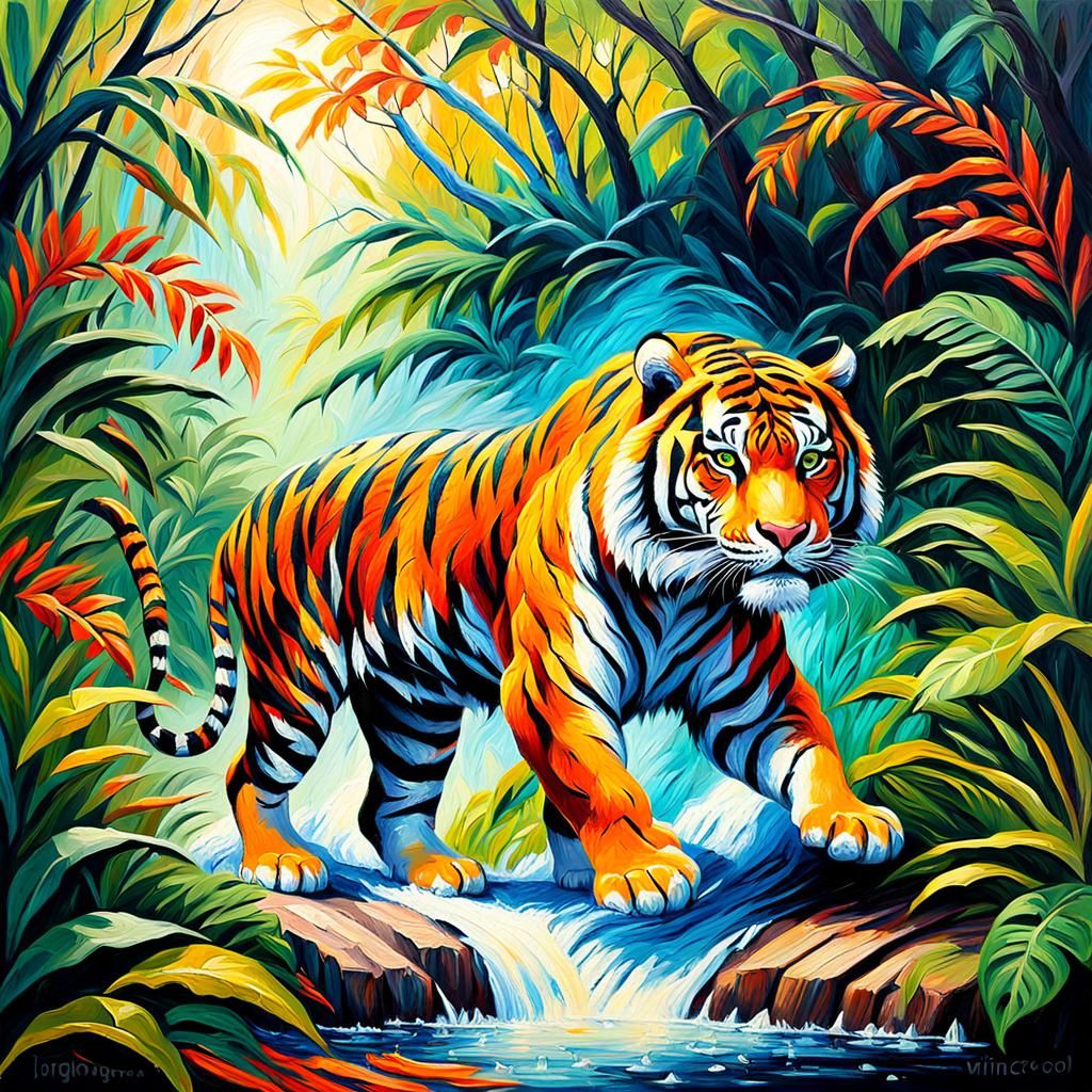 Impressionist Tiger Painting with Impasto Texture