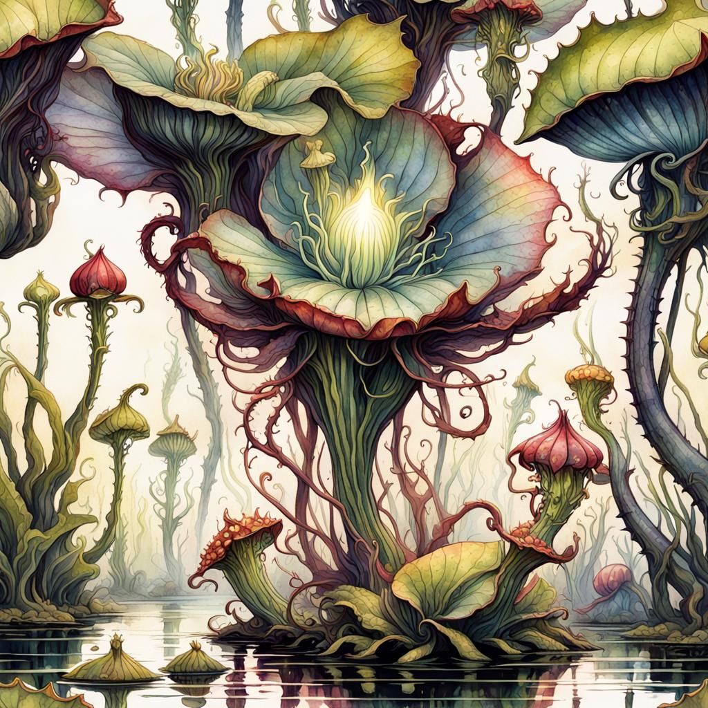 Glowing Dark Fairy Above Carnivorous Plant Pond