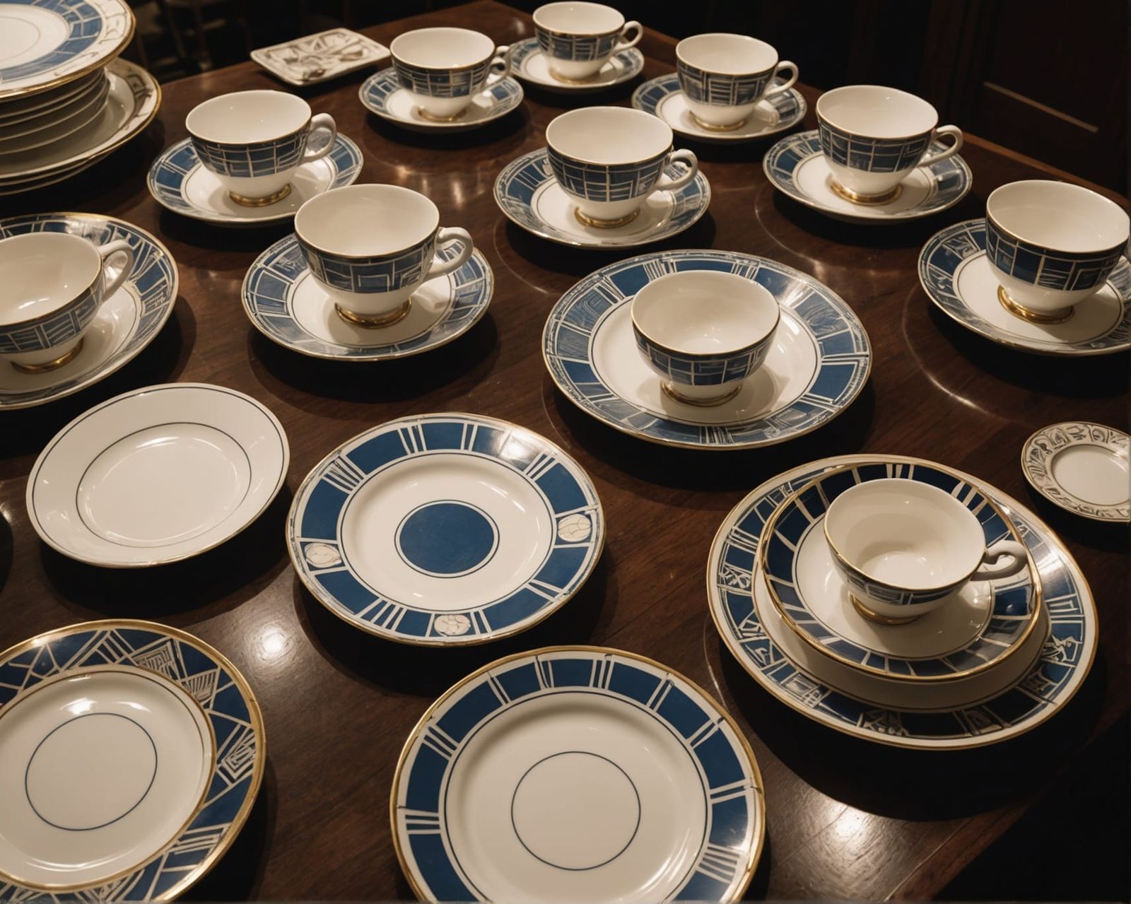 Art Deco Porcelain Teacups in Museum Lighting