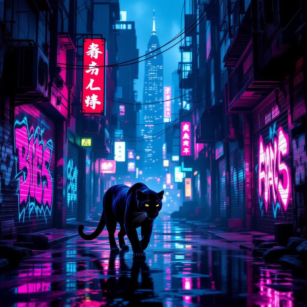 Cyberpunk Panther in Neon Graffiti Alley