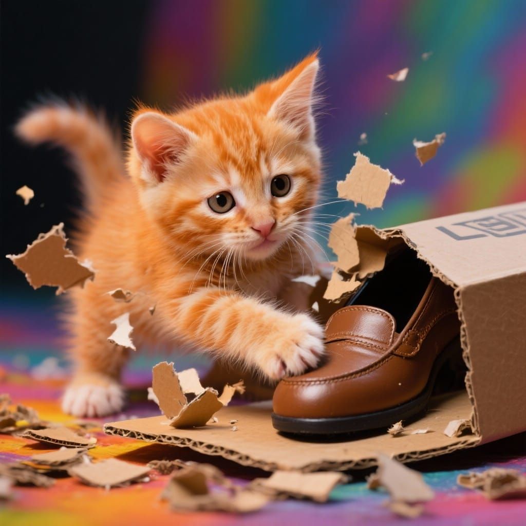 Playful Kitten Unboxing Shoes in Vibrant Hyperrealism