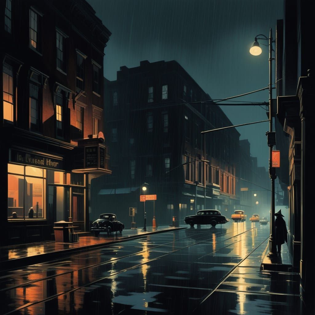 Rainy Nocturnal Cityscape in Film Noir Style