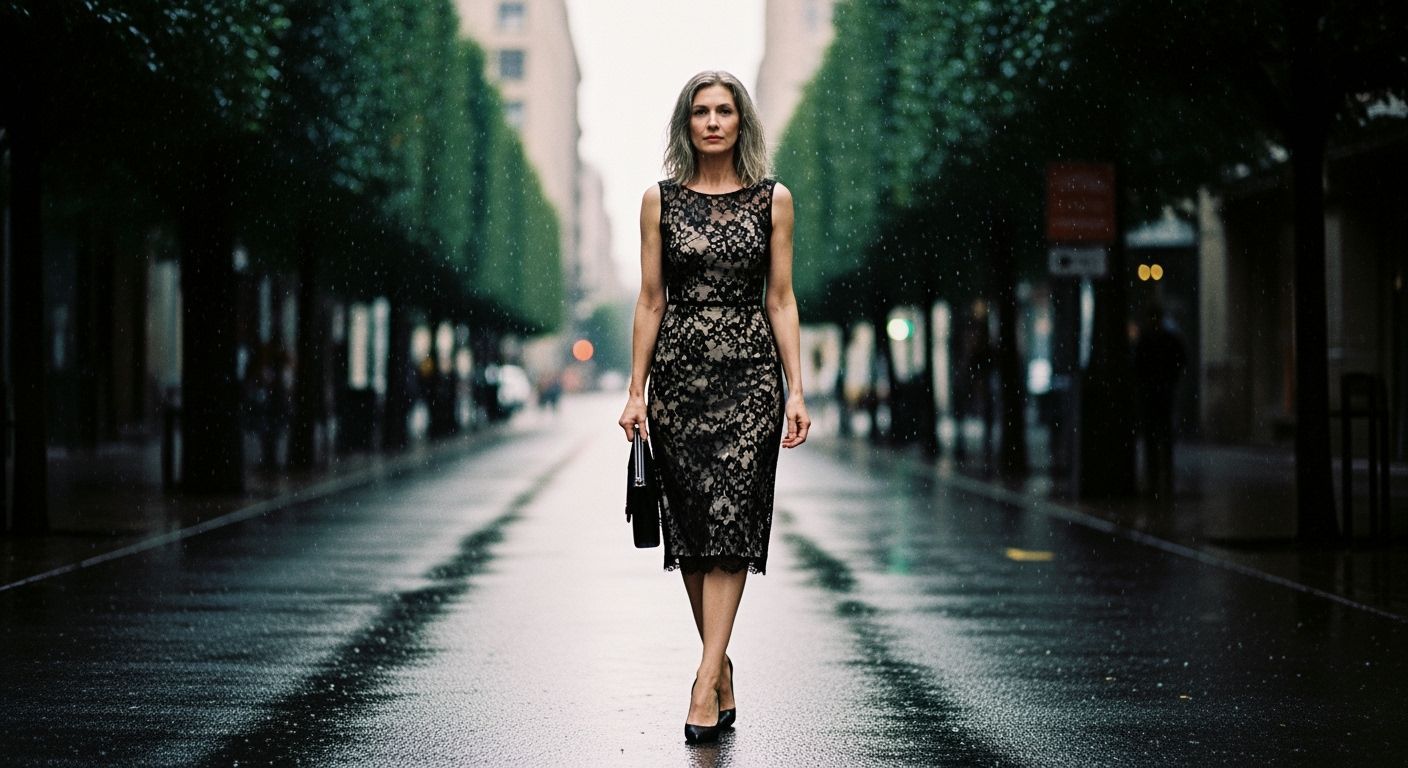 Elegant Woman Walking in Rainy Cityscape