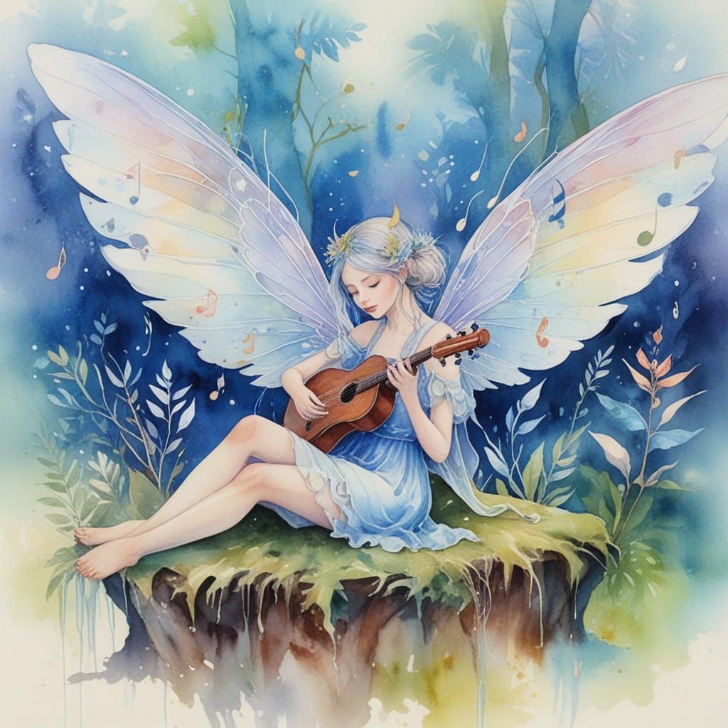 Whimsical Musical Fairy in Watercolor Jungle