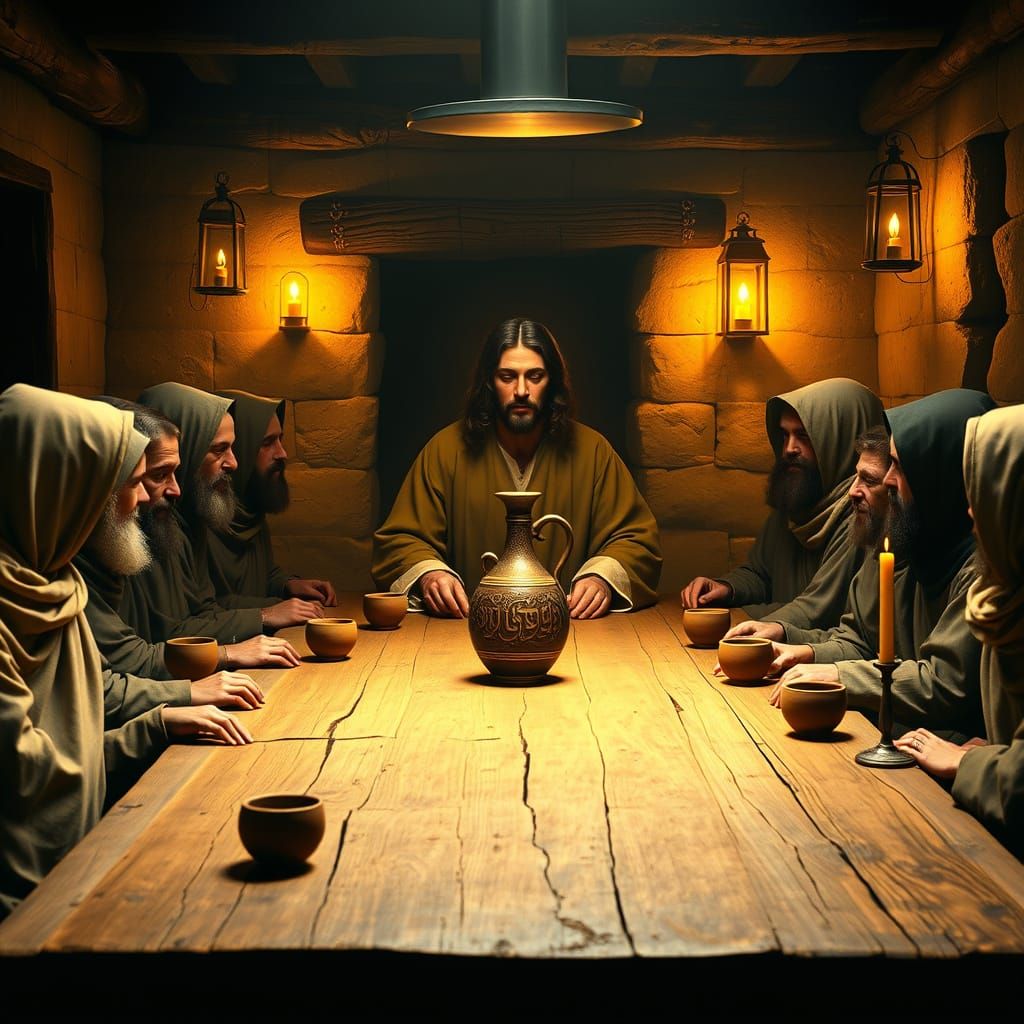 Jesus and Disciples Share Last Supper in Intimate, Golden Li...