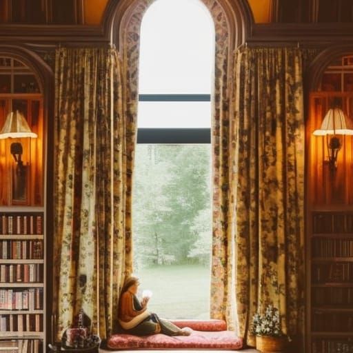 Cozy Dark Library with Reader in Fantasy Style