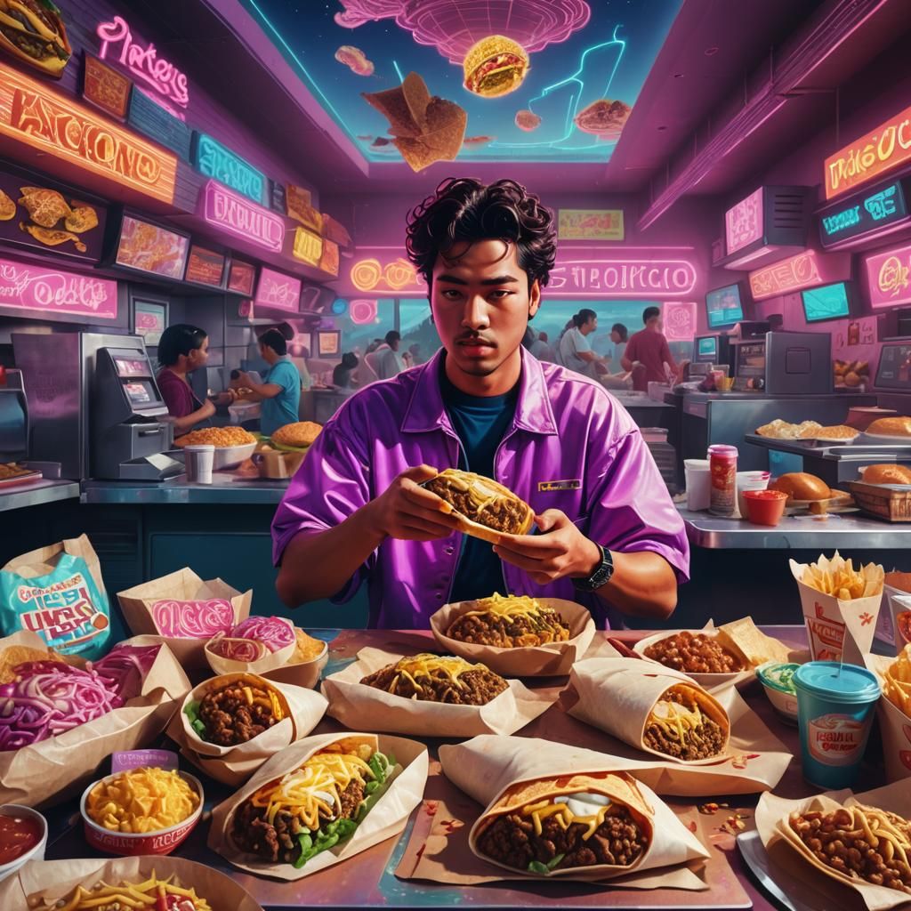 Vaporwave King With Burrito in Hyperreal Art