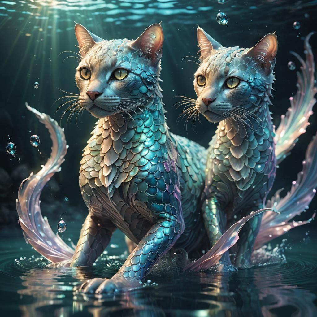 Aquatic Feline-Dragon with Bioluminescent Whiskers