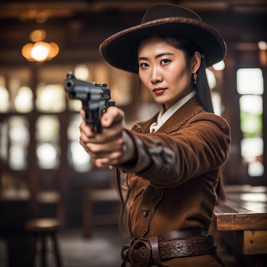 Asian Woman in Western Outfit Points Gun