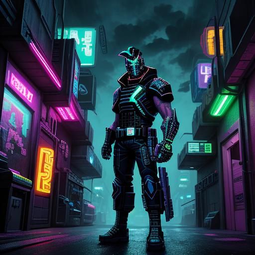 Pixel art character: a futuristic bounty hunter in a neon-li...