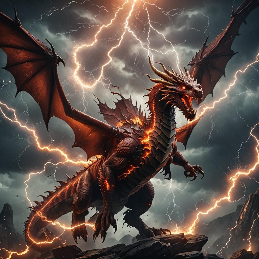 Three-Headed Dragon in Lightning Storm: Fantasy Art