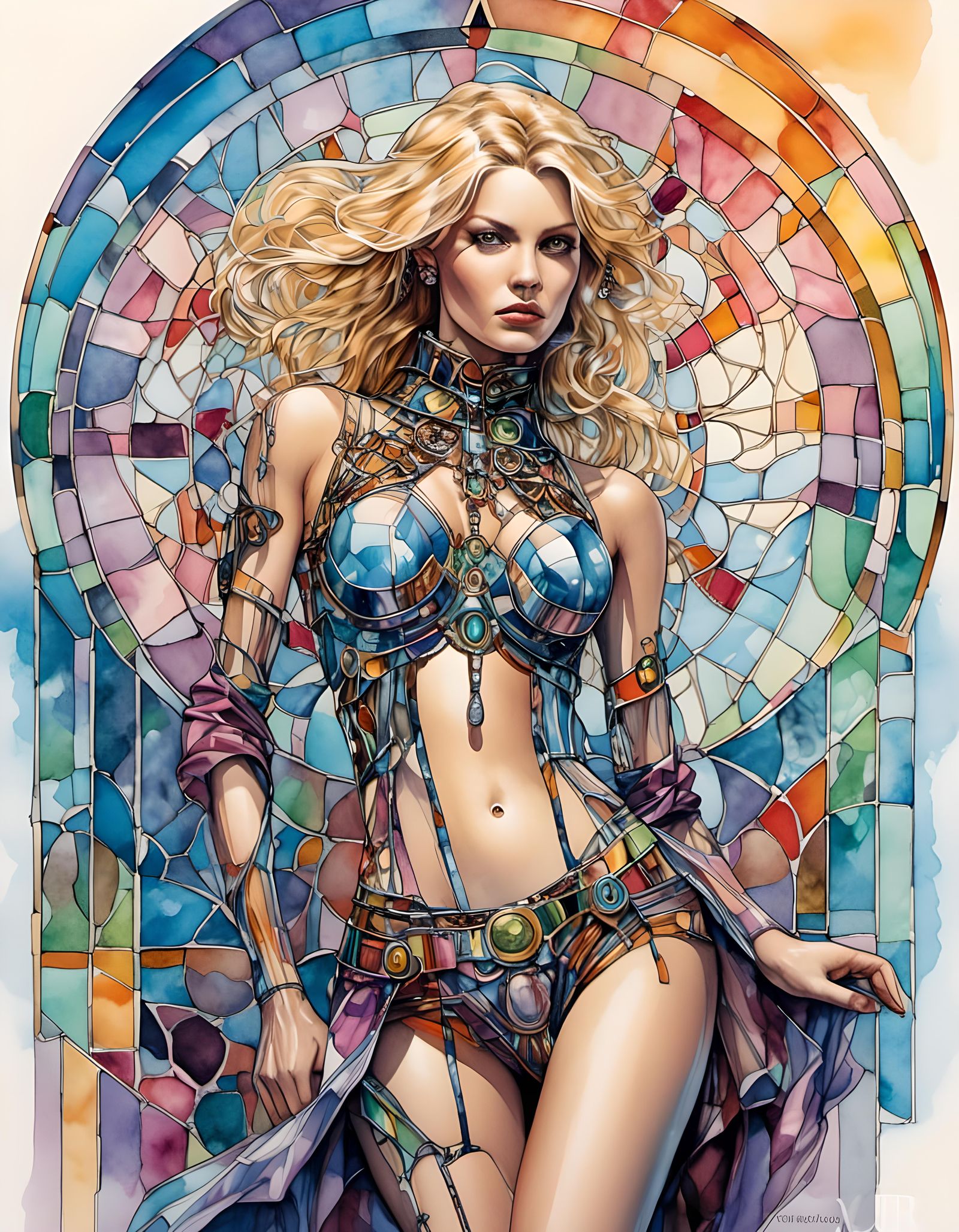 Woman in Stained Glass: Watercolor Pen and Ink