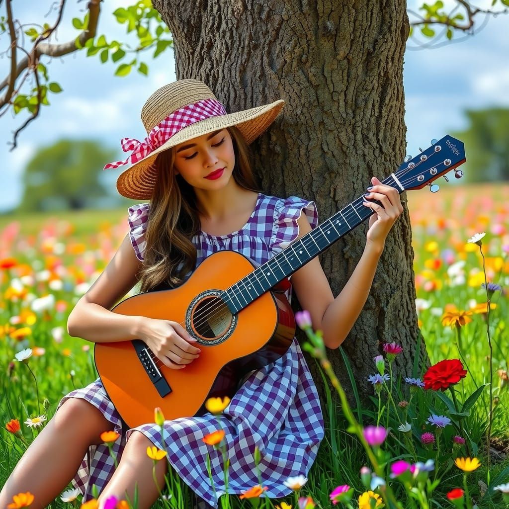Woman in Gingham Dress Plays Guitar in a Vibrant Floral Mead...