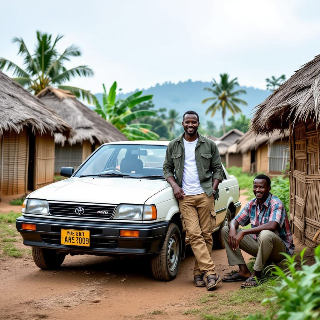 Men Posing by Car in African Village