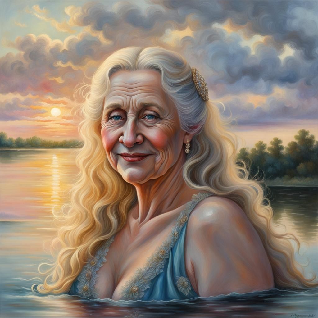 Victorian Woman at Lake Sundown in Rococo Style