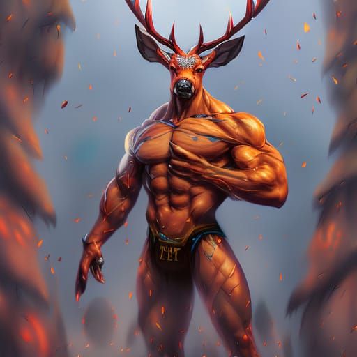 Anthropomorphic Deer Bodybuilder in Hyperrealistic Splash Ar...
