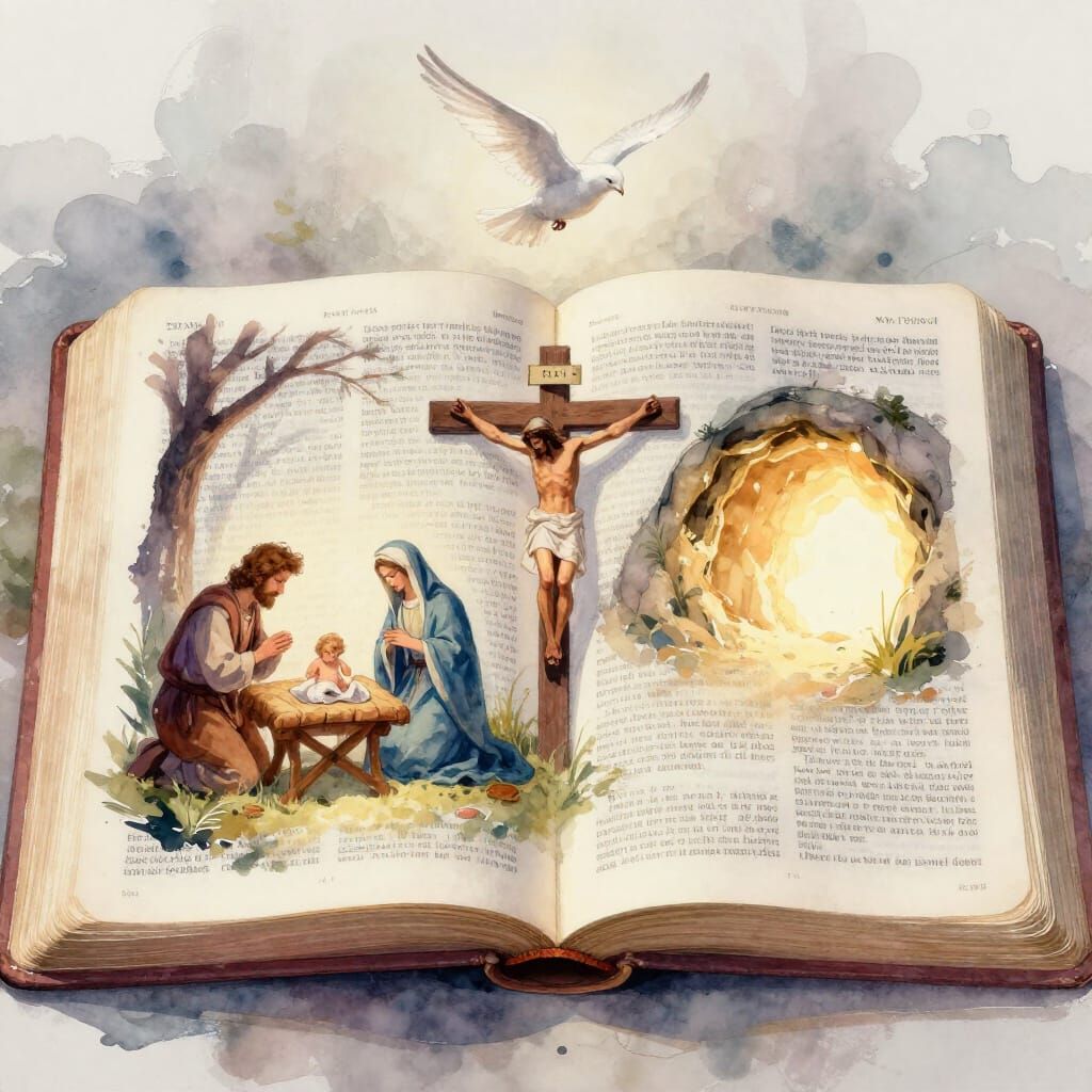 Open Bible with Jesus' Life Visions in Watercolor Style
