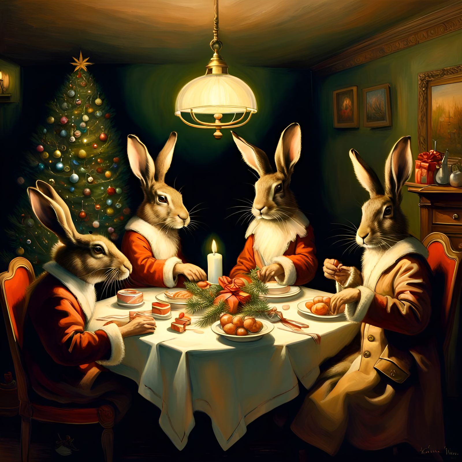Hares Celebrate Christmas in Rembrandt Style