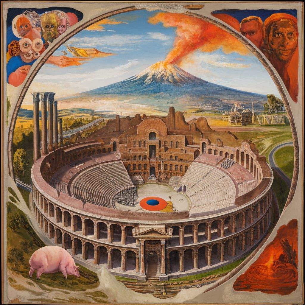 Pompeii Fresco: Roman Amphitheater with Psychedelic Elements
