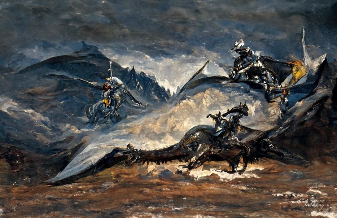 Knight on Dragon Amidst Stormy Mountains