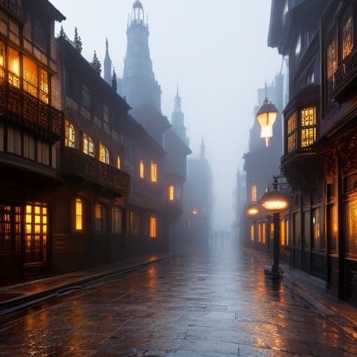 Misty London Street Scene in Dark Fantasy Style