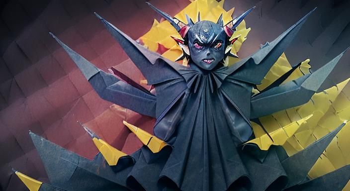 Origami Dark Blue Demon Papercraft in Red Sky