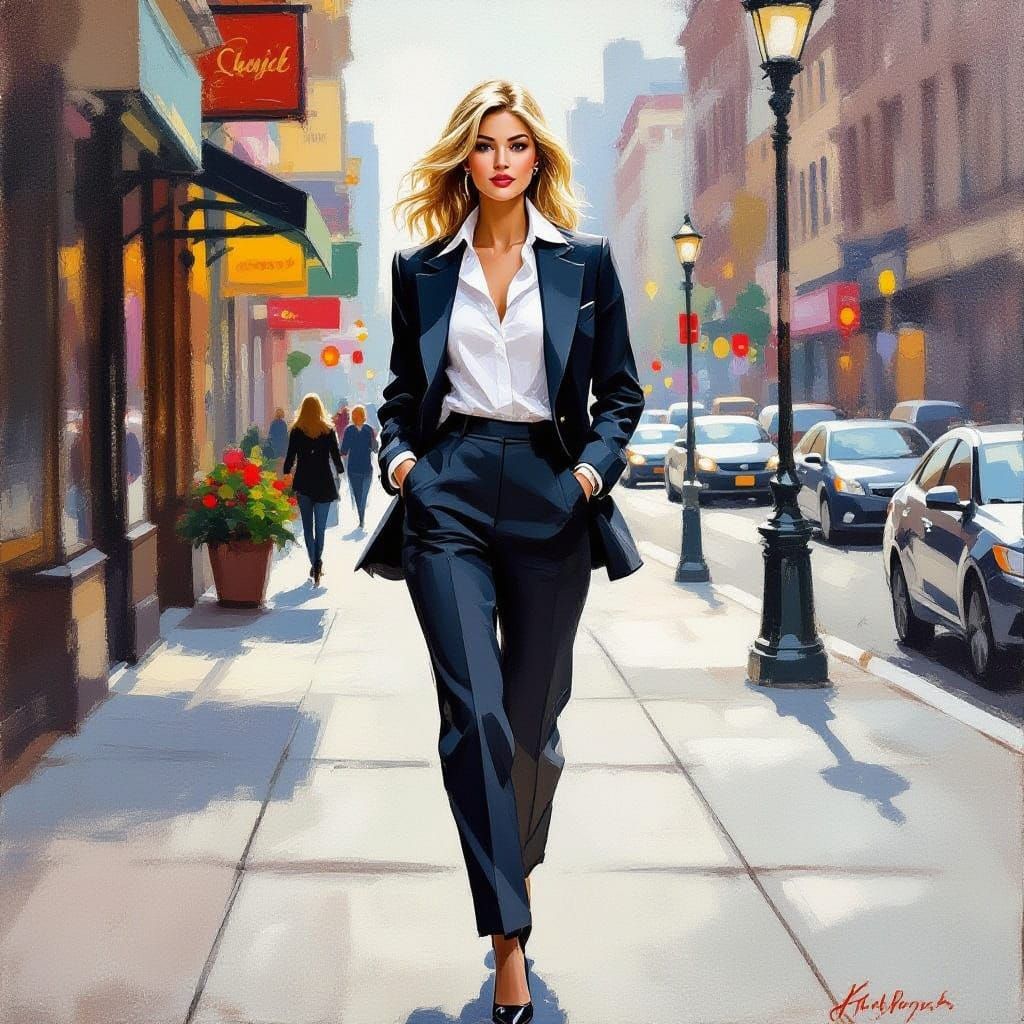 Confident Woman Strolls Through City Streets in Impressionis...
