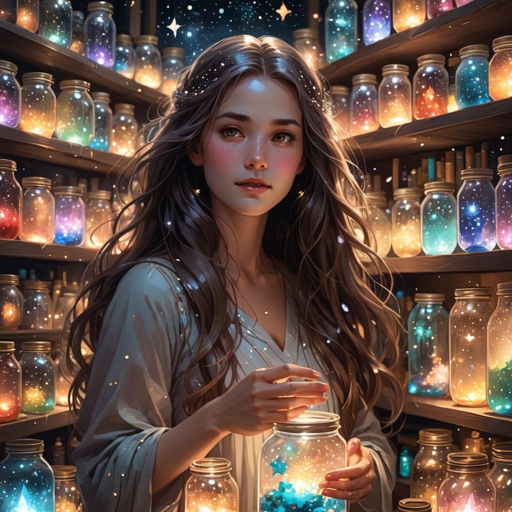 Ethereal Woman Captures Starlight in Jars