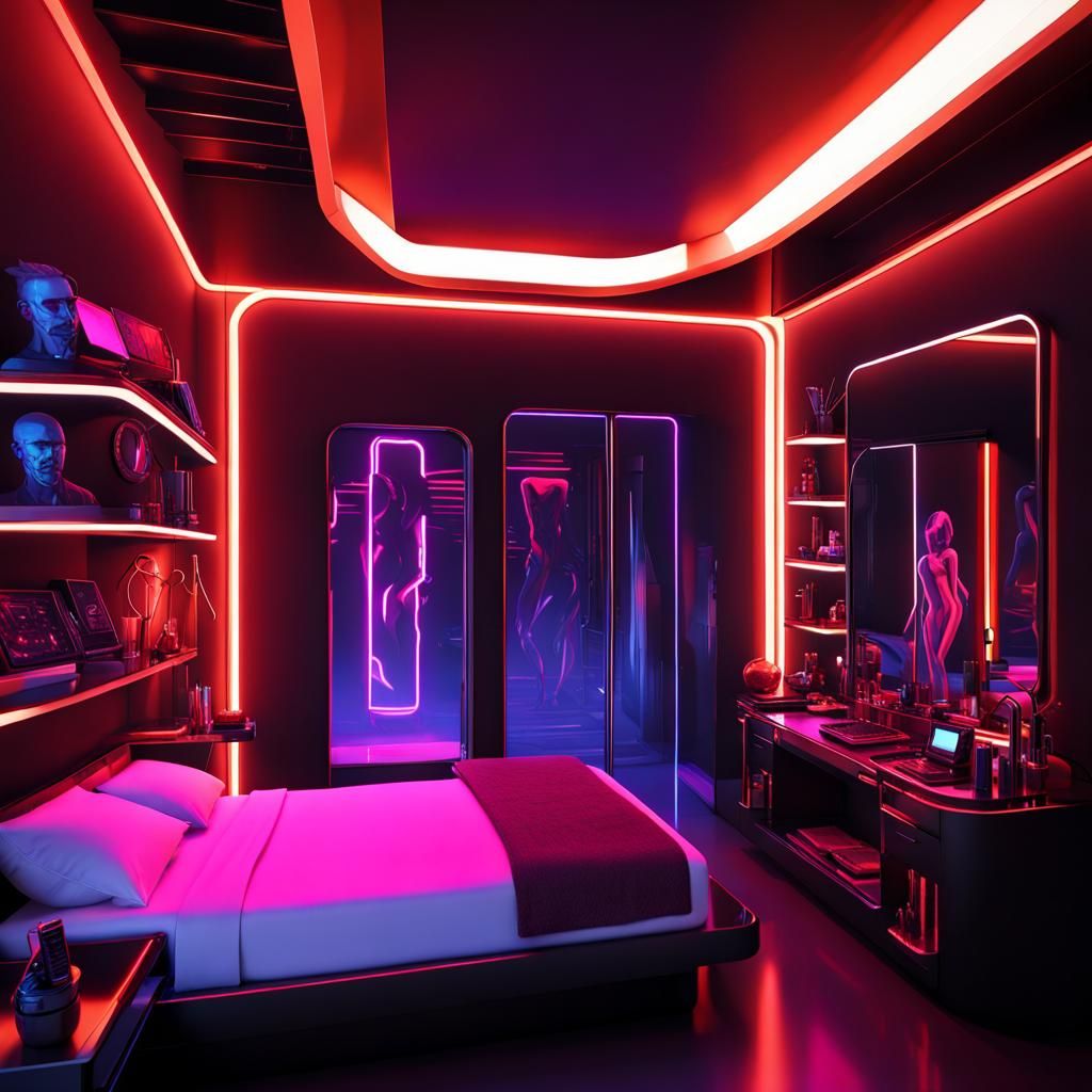 futuristic brothel bedroom interior, black-light lighting, Stain-Resistant Sheets, Neon-Lit Silhouettes artwork, Bed wit...