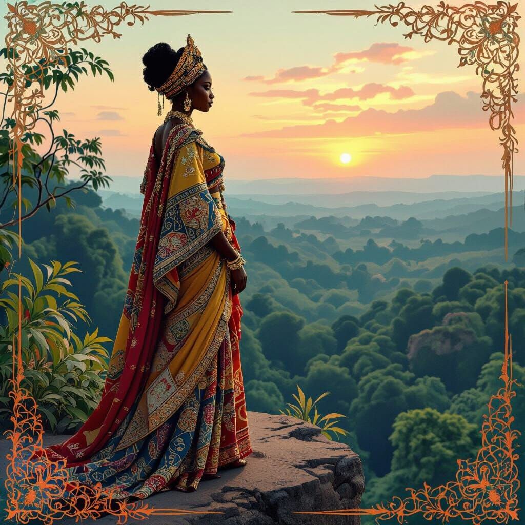 Yoruba Princess Overlooking Forest in Digital Art Style