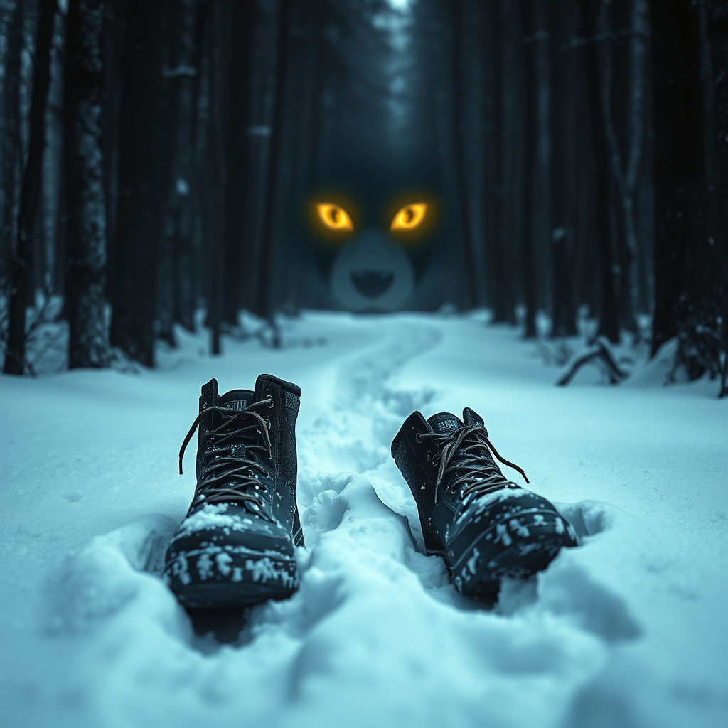 Footprints in Snow, Glowing Eyes in Shadowy Forest