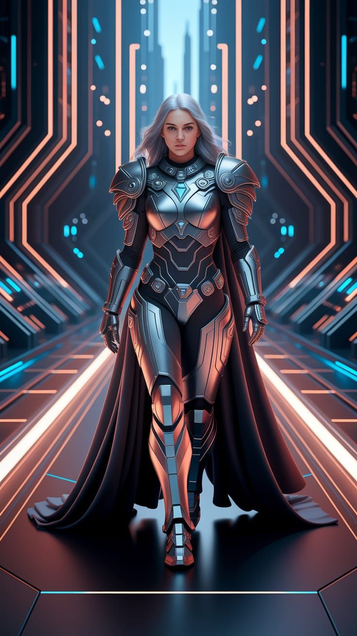 Ethereal Aasimar Warrior Dominates Cyberpunk Catwalk