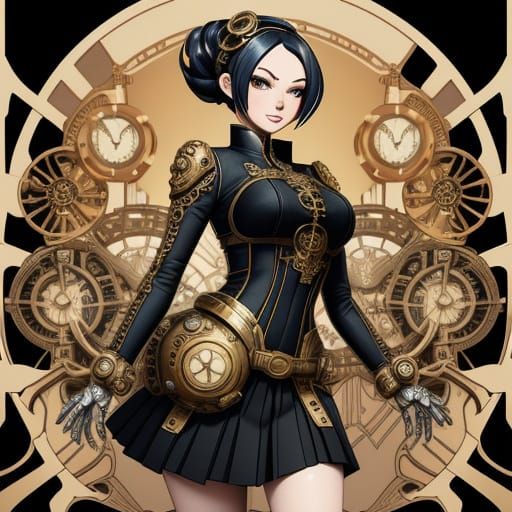 Mature, lively, curvy and lithe. Create a chibi, kawaii-style character with a Hing Atompunk, Last Exile-inspired indust...