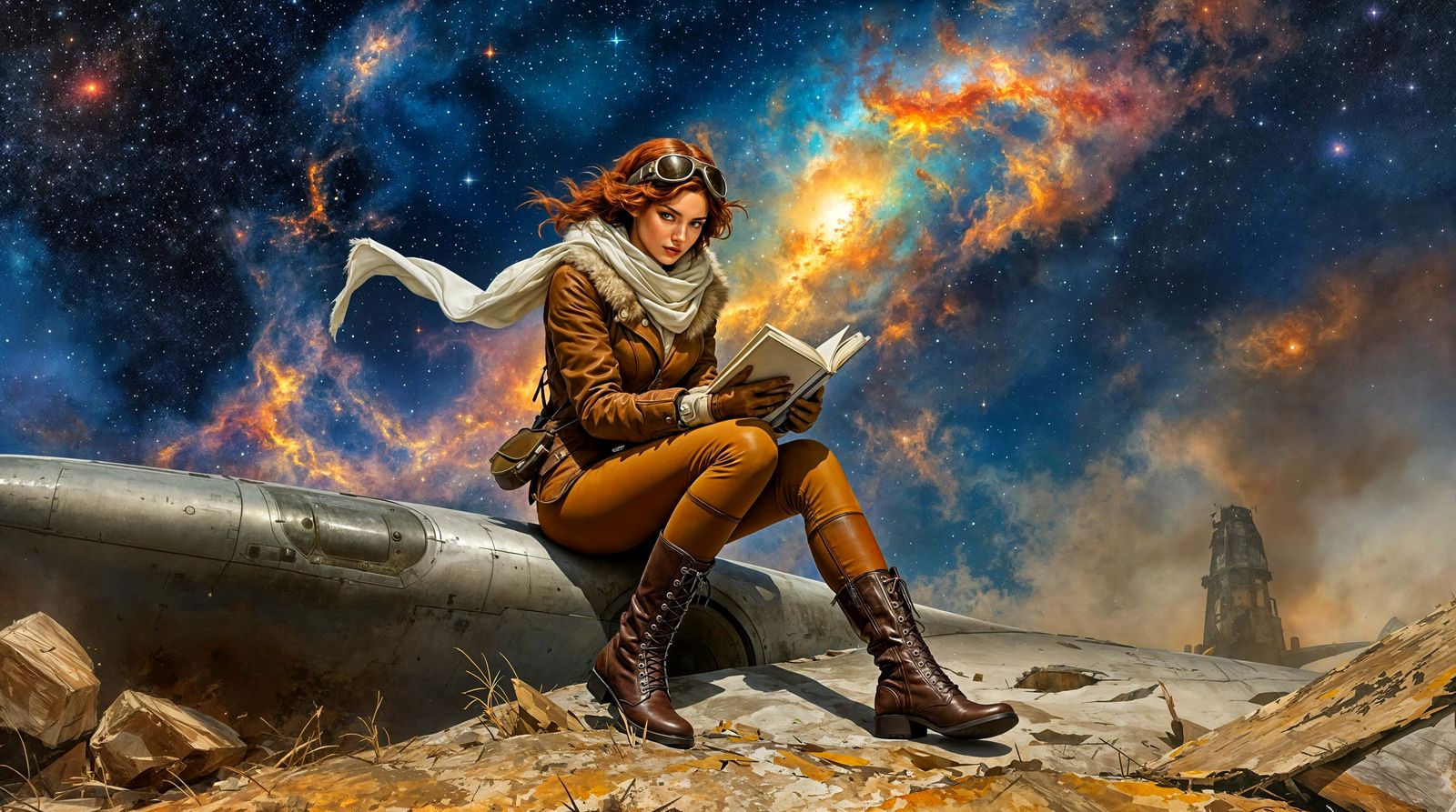 Aviatrix on Crashed Spaceplane, Oil Painting Style
