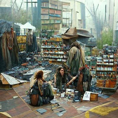 Post-Apocalyptic Market with Wizards, Oil Painting Style