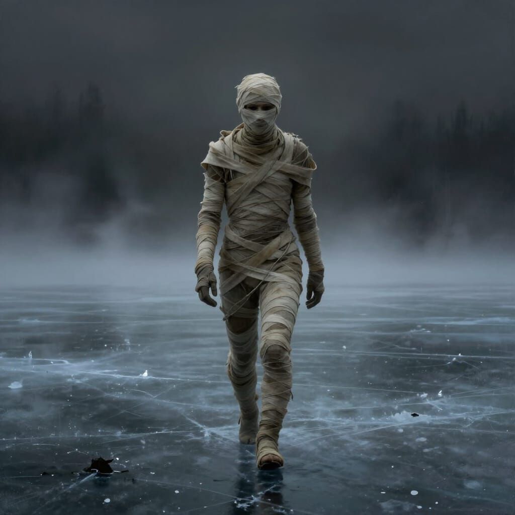 Mummy Walks Across Frozen Lake in Ethereal Mist