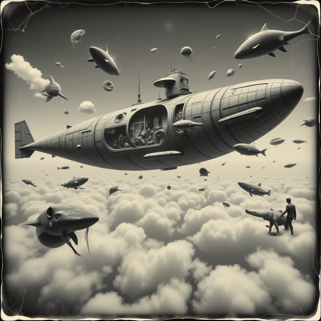 Surreal Vintage Submarine Soars Above Clouds with Sky Whales