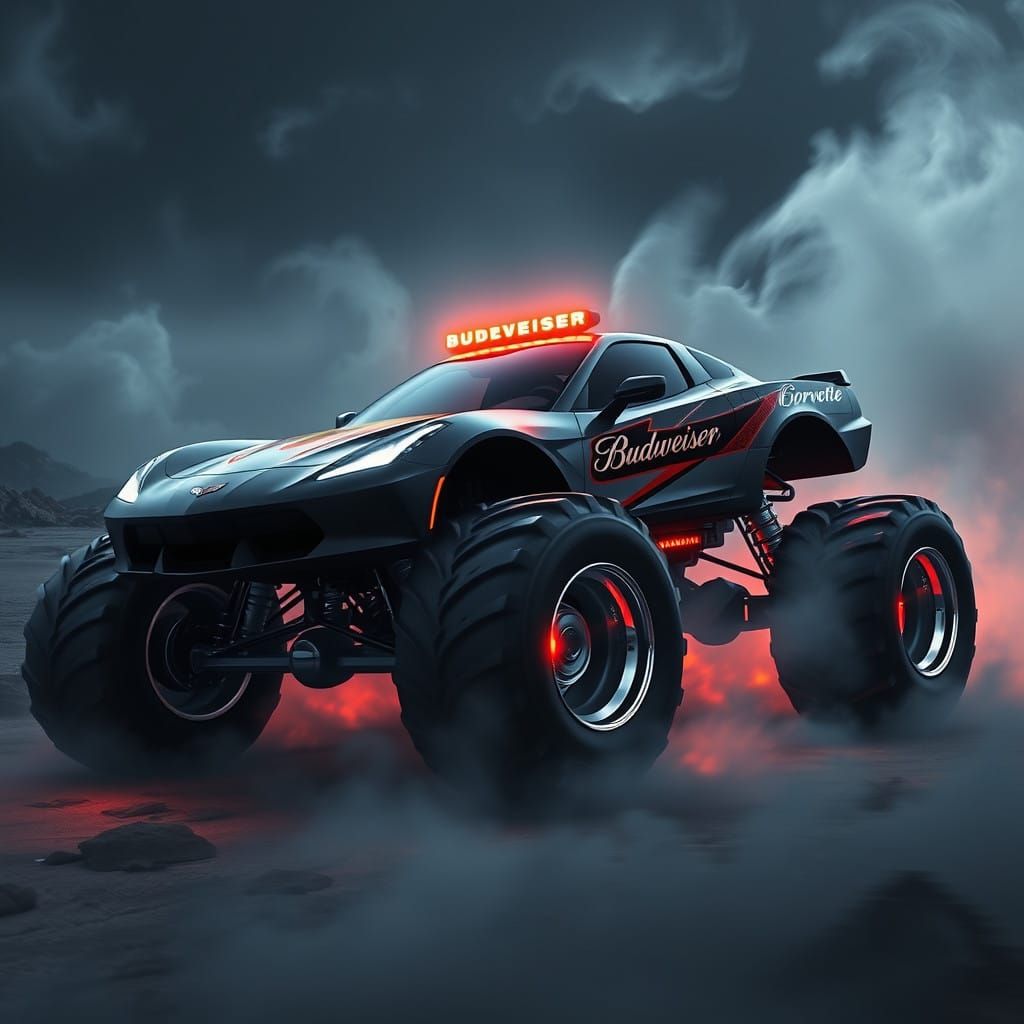 Fantastical Budweiser Corvette Monster Truck in a Dreamlike....