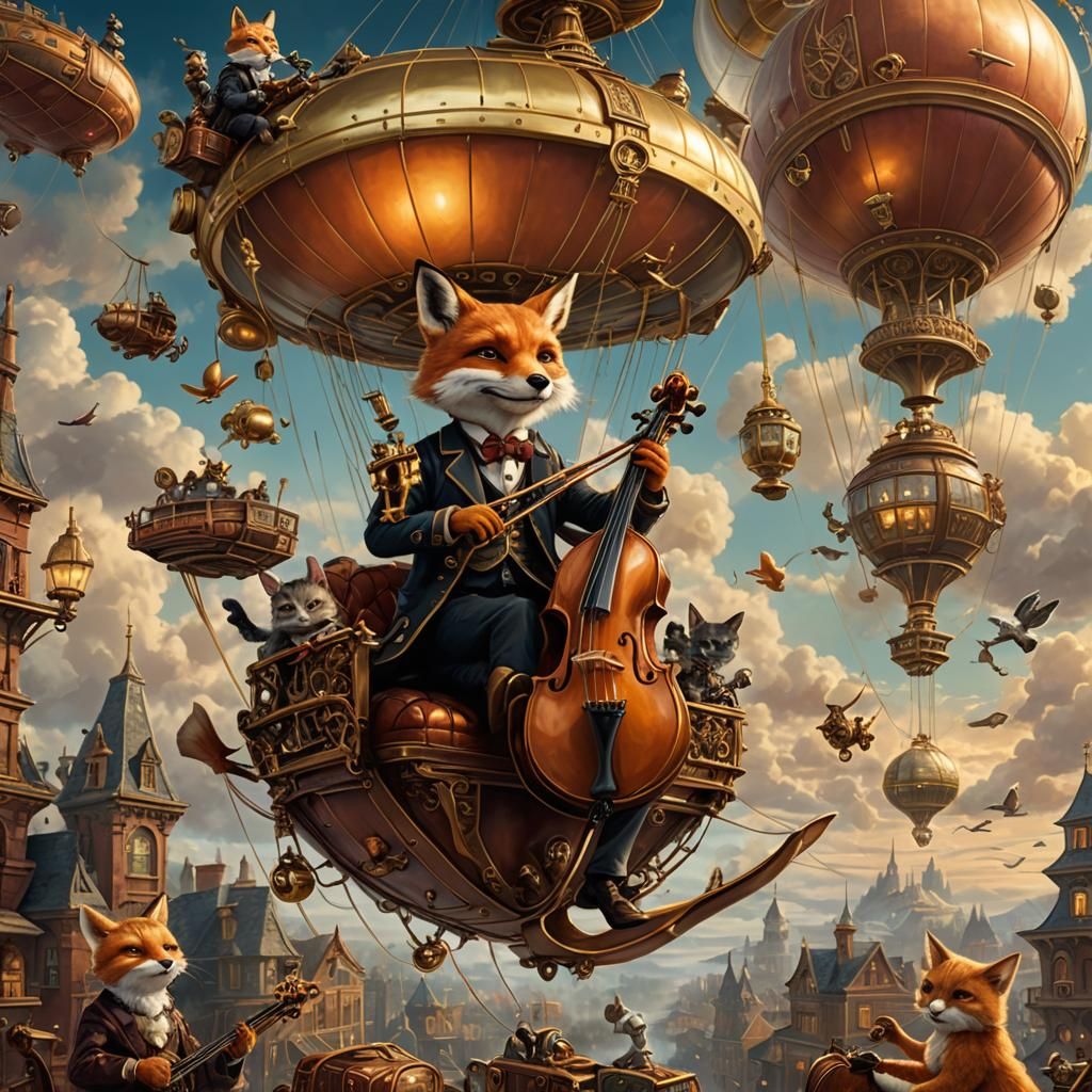 Steampunk Animals Play Instruments in Cloudy Sky