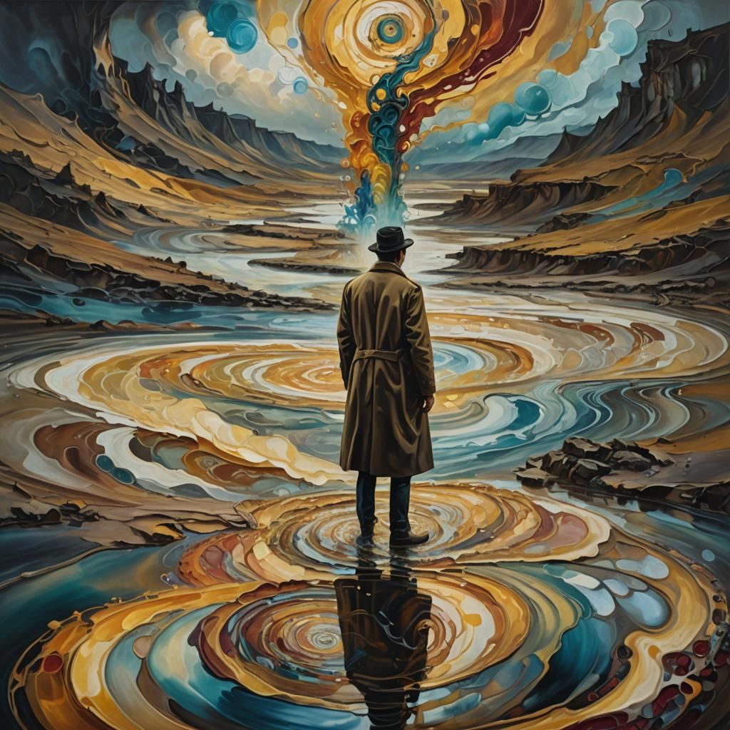 Surreal River Vortex with Clockwork, Oil on Canvas