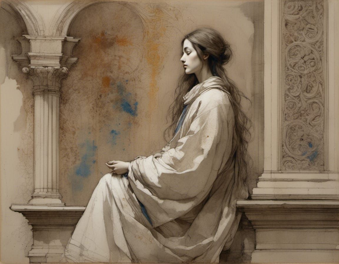 Ink Sketch of Woman with Architectural Elements