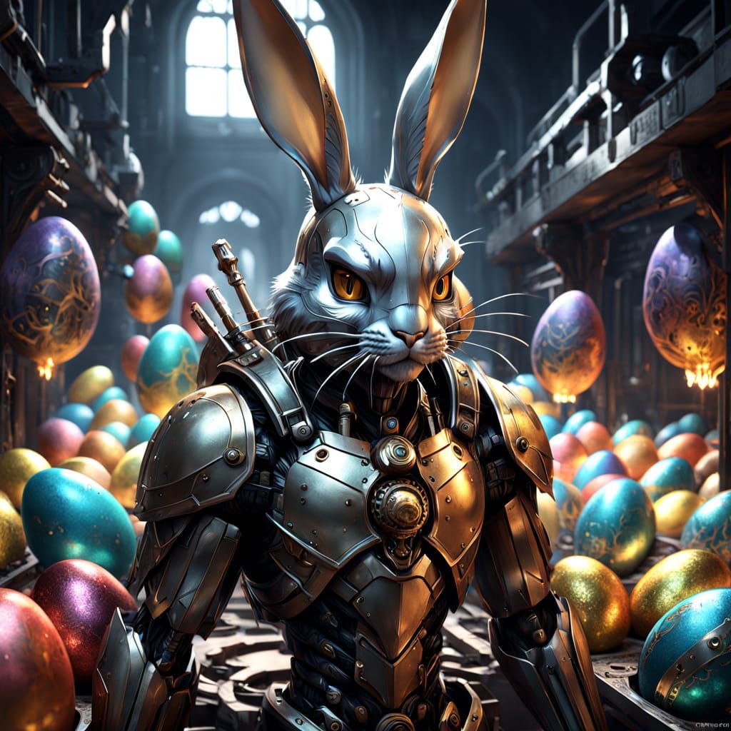 Biomechanical Easter Bunny Crafts Eggs in a Surreal Factory
